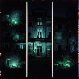 3 5 mm film photograph, long exposure, abandoned hospital, creepy, horror, macabre, bioluminescence