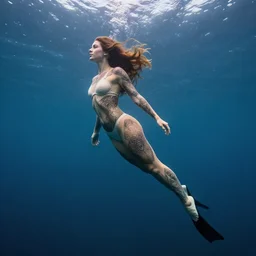 underwater photography full body portrait, low angle, from below, of beautiful simple nordic diver tattooed young hunter pincess swimming underwater, low angle, realistic, 4 k, high quality, masterpiece photography by terry o'neill intricate, elegant, highly detailed, smooth, sharp focus, by artgerm and greg rutkowski and alphonse mucha, 8 k