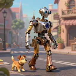 steampunk robot walking his dog on the street in a pixar style
