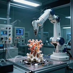 a complex thick bifurcated robotic cnc surgical arm cybernetic symbiosis hybrid mri 3 d printer machine making some organic ceramic fractal forms in a glass living room laboratory room with control panels, glass data cables, broken open hive mind, knobs, camera lens orbs, dramatic 3 point lighting, film still from sci fi movie,