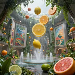 falling rain drops as sliced! citrus fruit ( ( lemon, orange, lime, grapefruit ) ), within interior futuristic expansive city hall solarpunk 2 0 7 7, sci - fi, fantasy, wide angle highly detailed by santiago calatrava, foliage, fountains, wall art!, levitating people, by saturno butto and wlod, captivating 8 k hdr, octane render go