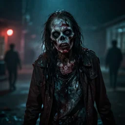 the scariest zombie, moody, cinematic colors, bokeh