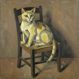 synthetic cubism cat on chair, in the style of juan gris, muted browns, yellows and blacks