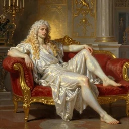 Lucius as a demigod of scintillating radiance, long fluffy white-gold curly hair, reclining upon a gilded crimson chaise in the imperial parlour, oil on canvas, golden hour, artstation, by J. C. Leyendecker and Peter Paul Rubens