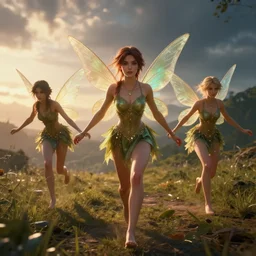 realistic photo first person perspective, beautiful fairies towards camera chasing me, dramatic lighting, early evening, professional photography, high detail, cinematic lighting, unreal engine, deviant art