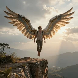 a man standing on a cliff ready to jump with his home made wings, highly realistic