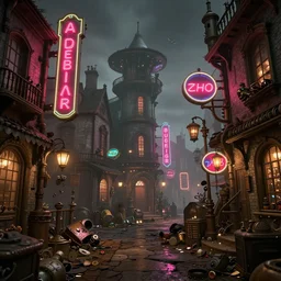 a steampunk village by albert kiefer, neon signs atmospheric, beautiful atmosphere, junk on the ground, inspired by sherlock holmes, trending on artstation, photo realistic, octane render, unreal engine 5