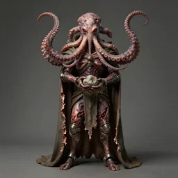 A detailed semihuman with tentacles growing out of his head and with armored joints stands with a pebble in hands and toes. Wearing a mantle. Extremely high details, realistic, fantasy art, solo, masterpiece, ripped flesh, art by Zdzisław Beksiński, Arthur Rackham, Dariusz Zawadzki