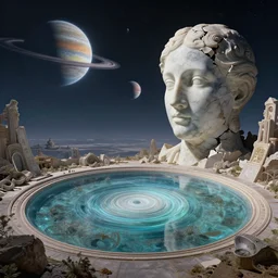 Esao Andrews, scifi nightscape, planets, hyperrealistic surrealism, award winning masterpiece with incredible details, epic stunning, physically accurate, moody dynamic lighting, very very intricate, very very elegant, highly detailed, infinity concentric pool, a surreal vaporwave liminal space, highly detailed, trending on ArtStation, artgerm and greg rutkowski and alphonse mucha, daily deviation, IAMAG, broken giant vaporwave marble head statue ruins, calming, meditative
