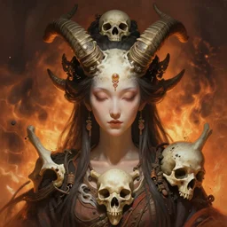 stunning taoist goddess of skull portrait, horns, bones skull, dirt, fire background fantasy, intricate, elegant, highly detailed, digital painting, artstation, concept art, smooth, sharp focus, illustration, art by afshar petros and krenz cushart and artem demura