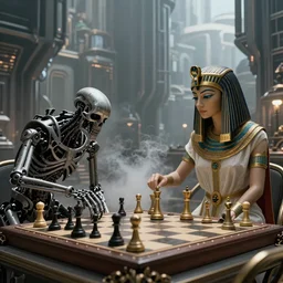 apocalyptic future city, the terminator playing chess with cleopatra. smoke. volumetric lighting, sharp focus, ultra detailed, cgsociety - w 1 0 2 4 - n 8 - i