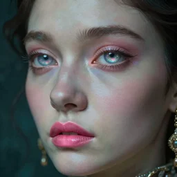 neo-surrealist very detailed rococo close-up portrait of woman with iridescent eyes and pink mouth matte painting concept art key sage very dramatic dark teal lighting side angle hd 35mm shallow depth of field 8k