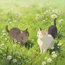 cats and daisies, painting by craig mullins, octane rendering, soft morning lighting, wide angle lens, in the style of hayao miyazaki, trending on artstation,