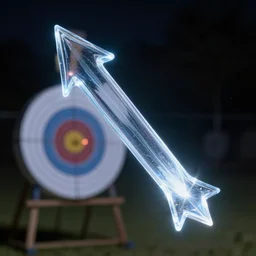 glowing transparent glass arrow hits a target at night, hyperrealistic 8 k image, professional photography