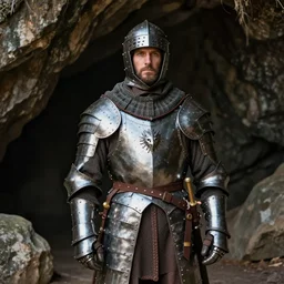 photo of a cave man in medieval armour 4 k, ƒ / 8, focal length : 3 6 mm,