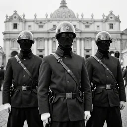 1 9 7 0 s photography, black and white, atompunk vatican guards