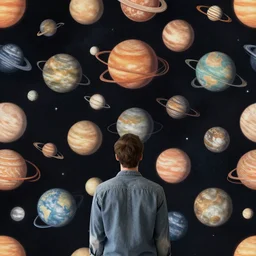man looking at the detailed seamless pattern of many planets on the dark sky