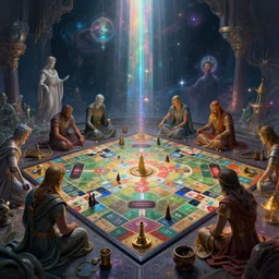 an intricate matte painting of An epic galactic boardgame played by the gods , highly detailed iridescent dimly lit exterior with shafts of iridescent light bouncing off magical realms, by Christophe Vacher and Bastien Lecouffe-Deharme, trending on artstation