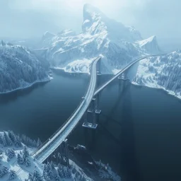 a very long thin and elegant fantasy bridge across a lake, aerial view, architectural, background of snowy mountain, concept art by anato finnstark and craig mullins, trending on artstation