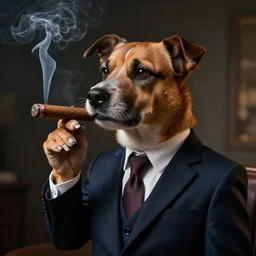 a dog wearing a business suit smoking a cigar, dramatic lighting, cinematic, establishing shot, extremly high detail, photorealistic, cinematic lighting, concept art, artstation, style by greg rutkowsky