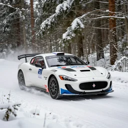 a 2 0 1 0 maserati granturismo mc gt 4, racing through a rally stage in a snowy forest