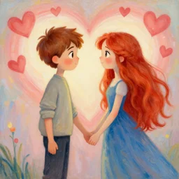 a cute boy and a long red haired girl who are in love holding hands with hearts in the background, fantasy world, painted by sylvain sarrailh, rhads, ferdinand knab, trending on artstation