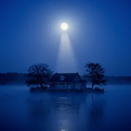 old house in the middle of the lake, fog, moon rays through the fog, night sky, deep blue mood, by stanley kubrick