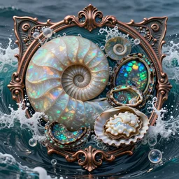 art nouveau cresting oil slick waves, hyperdetailed bubbles in a shiny iridescent oil slick wave, ammolite, detailed giant opalized ammonite shell, black opal, abalone, paua shell, ornate copper patina medieval ornament, rococo, organic rippling spirals, octane render, 8 k 3 d, cresting waves seafoam