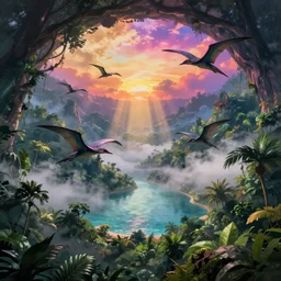 A lush misty jungle and an inland sea inside a hollow earth. Pterodactyls flying in the air, vibrant colors, mist, crepuscular rays, rembrandt painting