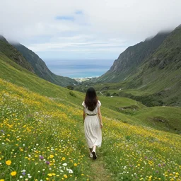 girl walking thru the valley of flowers near the sea of dreams