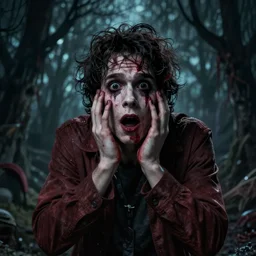 a horror scene from friday the 1 3 th of a surprised man in a spooky background, in the style of greg rutkowski, digital photography, photorealistic, realistic, extreme detail