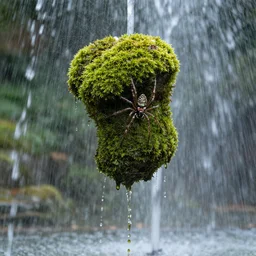 suspended fountains streaks spiders narrowly intricate drenched moss