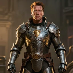 schwarzenegger as cyberpunk knight, atmospheric lighting, painted, intricate, golden hour, ultra detailed by philippe druillet