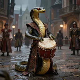 Human bard with lower body of a snake, holding a drum, ornately dressed, in Baldur's Gate city square