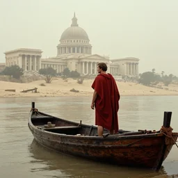 movie still by tarkovsky of a man in red drapery in a blood barque on a river next to a neoclassical spherical city in the desert, leica sl 2 5 0 mm, heavy grain, high quality, high detail, foggy, mud