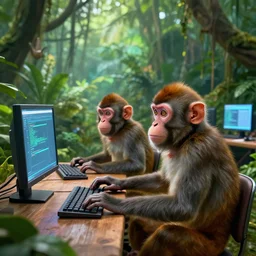Two genius monkeys programming computers in a lushy jungle-like room, digital art octane render