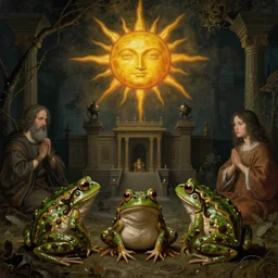sweet frogs in the temple of the sun god, by dave dorman hieronymus bosch, cyril rolando, esher and natalie shau, whimsical, profound, impossible, dark, atmospheric, brooding, digital painting, intricate.