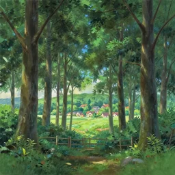 a beautiful scenic painting of forest panorama ground with fence and village in far distance by artgerm and makoto shinkai and wes anderson