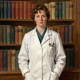 image of a lady doctor in the original form series by margaret ward, year 1 8 0 0, illustration, standing in front of a book!!! shelf!!!, facing the camera, by greg rutkowski