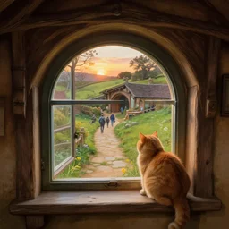 the view from inside a hobbit hole looking out a window into a busy hobbit path, by alan lee, sunset, windowsill has a fat orange cat, window glass reflecting, intricate, highly detailed terrain, digital painting, artstation, concept art, smooth, sharp focus, illustration, vfx