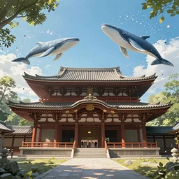 japan temple, perspective, dappled light, looking up, studio ghibli, peter mohrbacher style, rendered in houdini. vfx, floating whales, particles, magic, unreal hd artstation trending 8 k, epic composition, wide fov