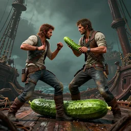 hyperrealistic film still of rafe from uncharted 4 fighting with a cucumber on a shipwreck, eccentric, stunning 3 d render, inspired by istvan sandorfi & greg rutkowski & unreal engine, perfect symmetry, dim volumetric cinematic lighting, 8 k octane comprehensive render, extremely hyper - detailed, incredibly lifelike attributes, intricate, real flesh texture, masterpiece, artstation, stunning