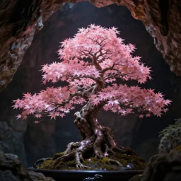 shimmering bonsai tree hidden in a cave with pink leaves, cinematic lighting, beautiful, 4 k