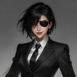 a highly detailed illustration of beautiful short black messy haired woman wearing eyepatch and noir style suit and tie, dramatic smiling pose, intricate, elegant, highly detailed, centered, digital painting, artstation, concept art, smooth, sharp focus, league of legends concept art, WLOP