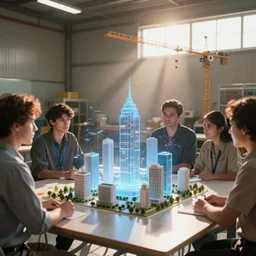group of people in simple warehouse, around a hologram of futuristic city on a table, cinematic concept art, godrays, golden hour, natural sunlight, 4 k, clear details, tabletop model buildings, center model buildings, hologram center, crane shot, crane shot, crane shot