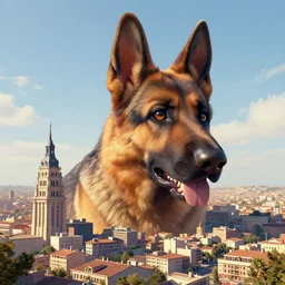 macro landscape of furry anthro anthropomorphic huge massive giant large mega macro colossal german shepard head animal person fursona towering over a city toledo digital art by Greg Rutkowski, Simon Stalenhag, trending on Artstation, CGSociety