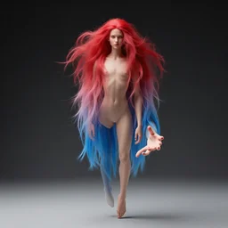 an androgynous person with red and blue gradient hair, floating in a black void, relaxed with their legs crossed. digital art, trending on art station, award winning