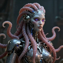 portrait photo of a robotic gorgon medusa with borg implants, highly detailed, unreal 5 nanite, path tracing illumination, cinematic quality, 8k