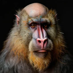 close up portrait of a mutant monster creature with colourful mandrill - like nose, baldness, needles portruding through the cheeks, painted forehead, medusae beard. jan van eyck