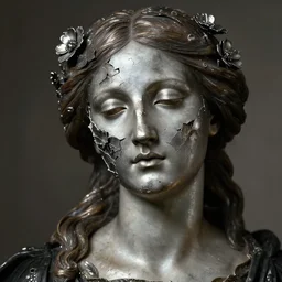hyperrealism close - up mythological portrait of an exquisite medieval woman's shattered face partially made of silver flowers in style of classicism, bronze skin, wearing black dress, dull palette